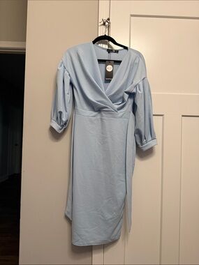 Boohoo Light Blue Wrap Midi Dress with Puff Sleeves
